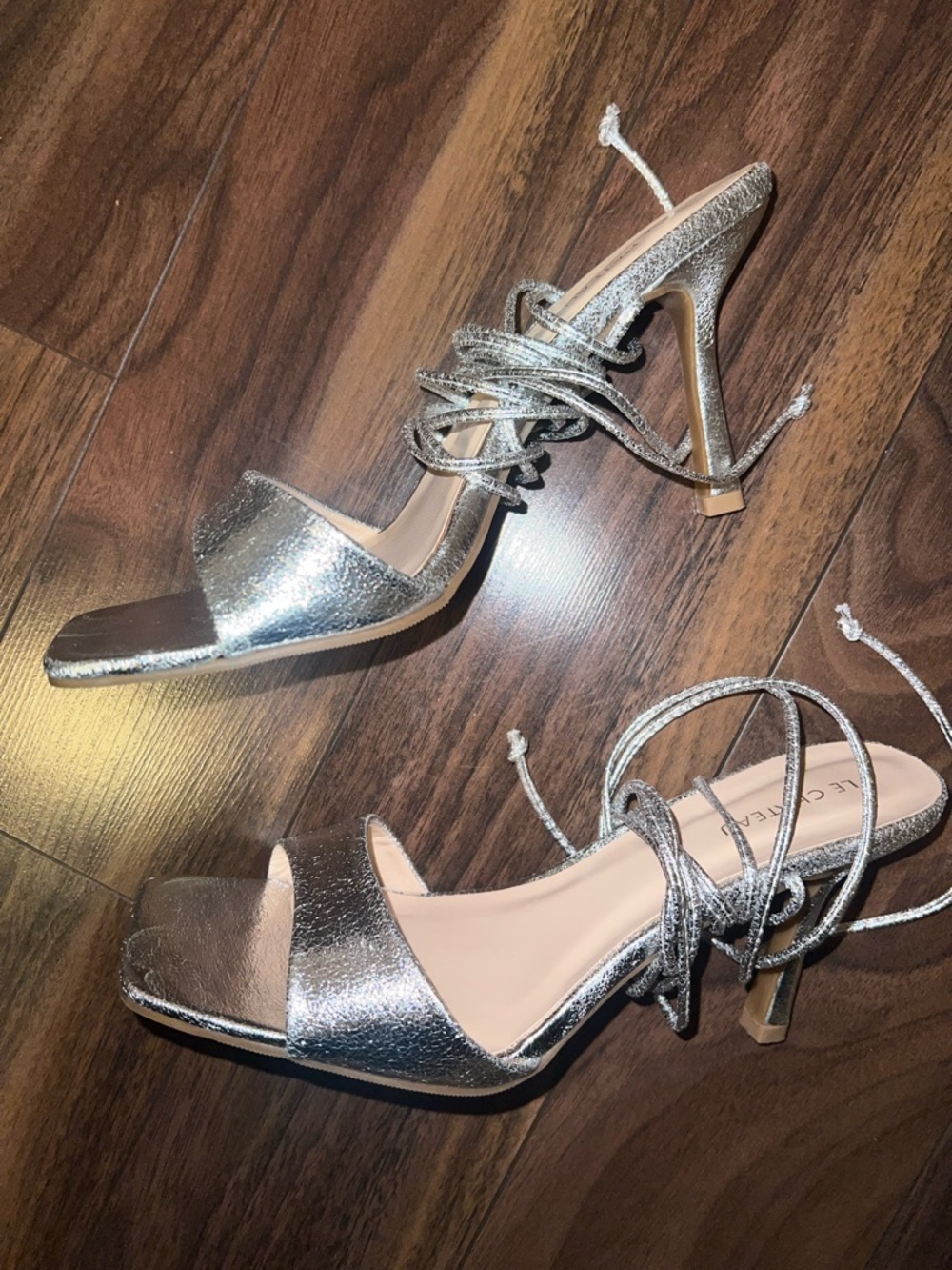 le chateau Silver Metallic Lace-Up Stiletto Sandals